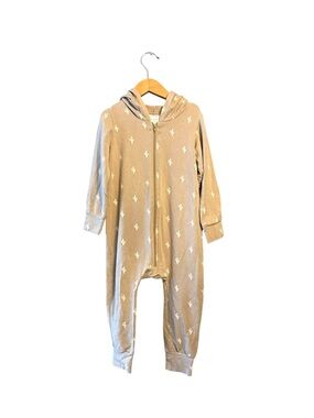Kids Hooded Zip Romper in Tan with Cactus Print